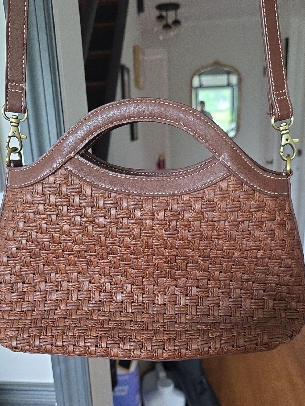 Fossil Brown Woven Crossbody Bag with Top Handle